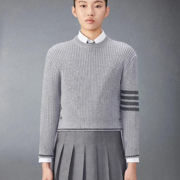 全新未使用 THOMBROWNE 女士四条纹羊毛圆领套头衫/38-42