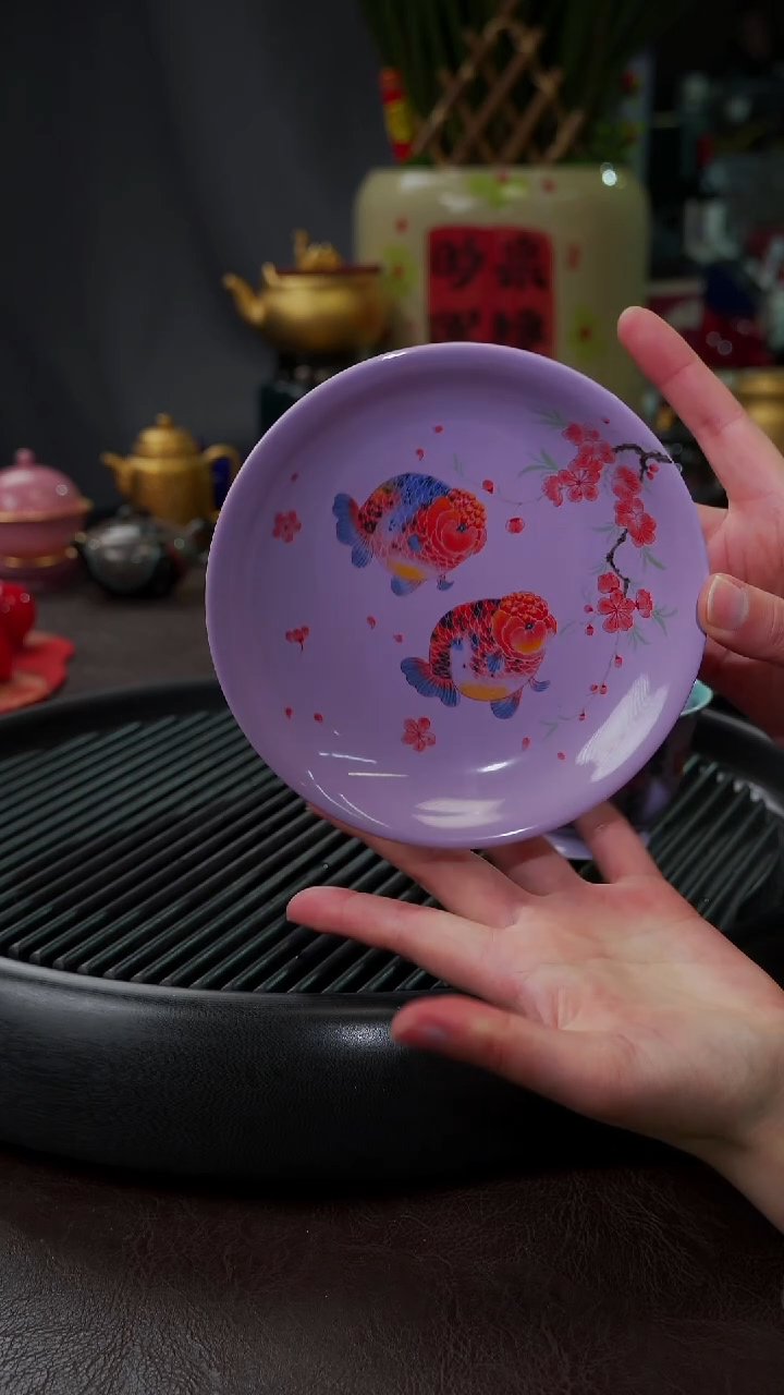 【闪购商品】杯【宜景窑烟幕紫】手绘双鱼干泡