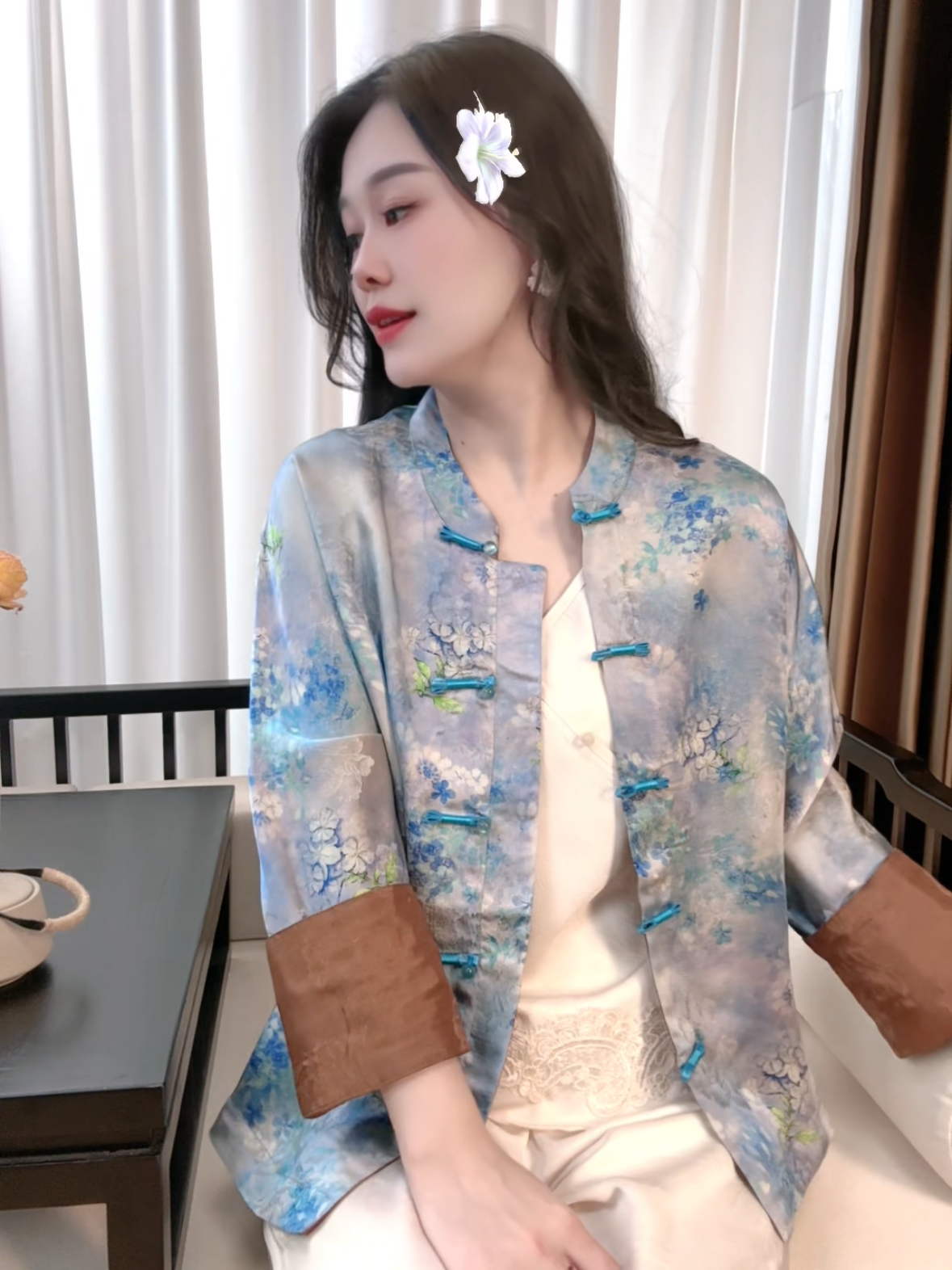 【星空】新中式桑蚕丝衬衫提花夏季中国风宽松百搭长袖薄款外套S035