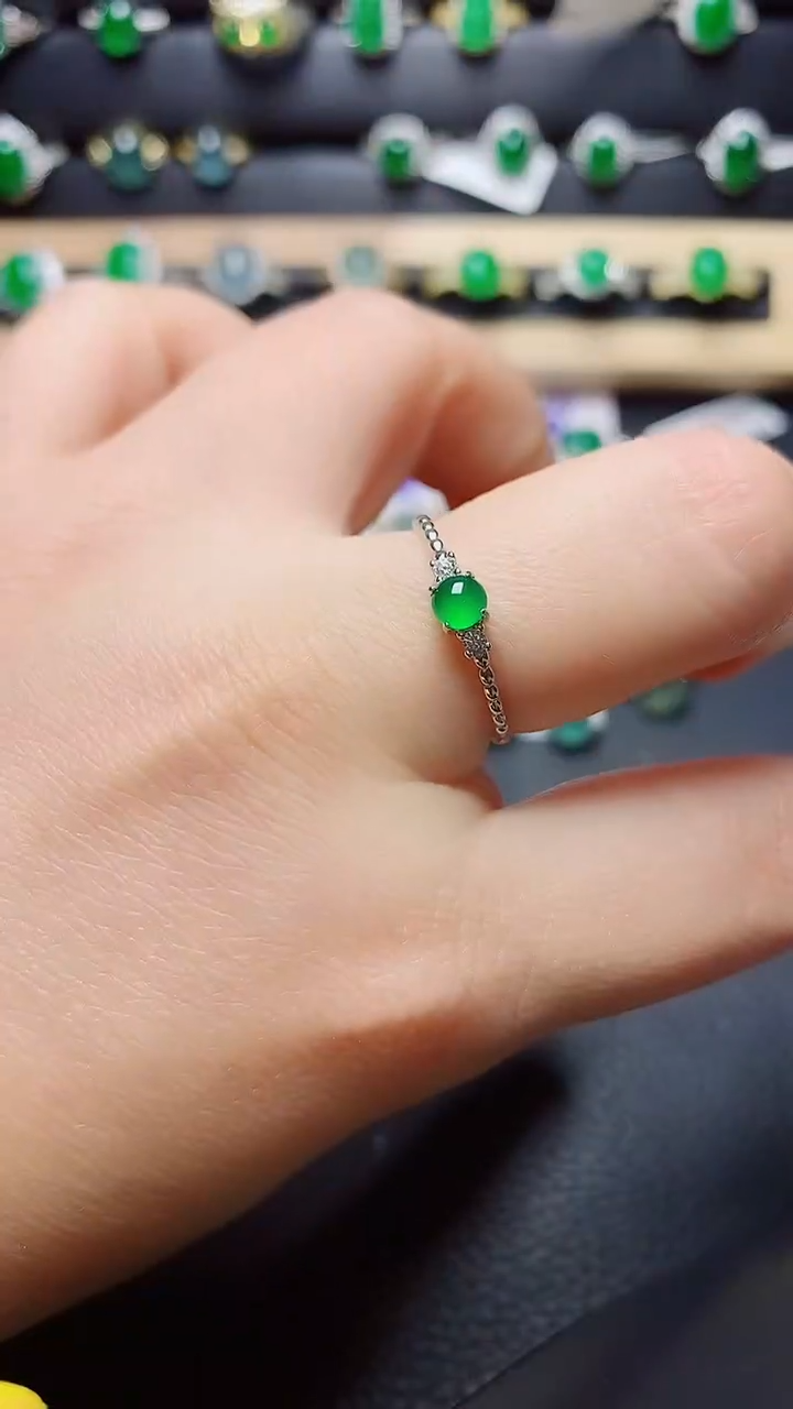 银S925镶嵌戒指翡翠  天然翡翠A货s925银镶