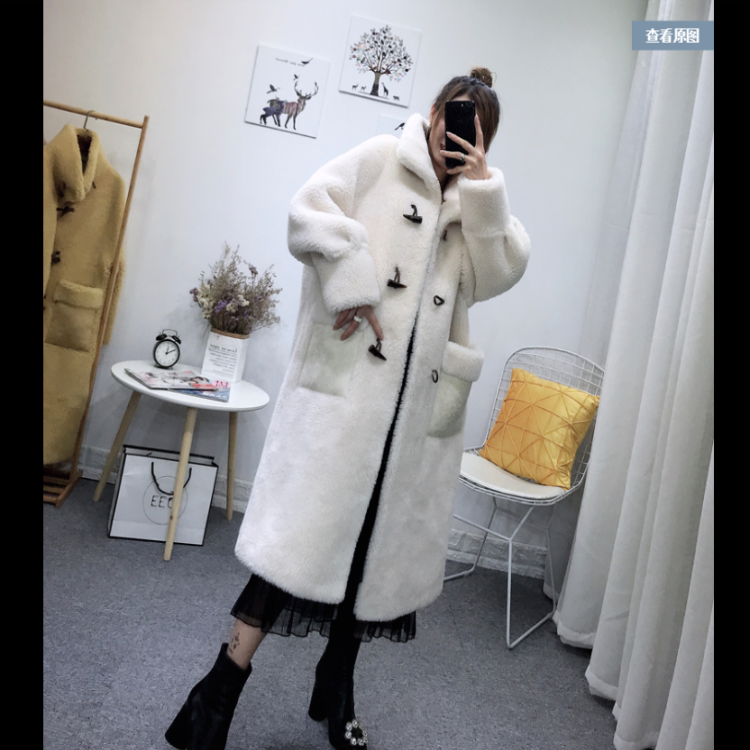 人造皮草 冬季长款中长款保暖立领毛呢外套白色女士秋冬休闲