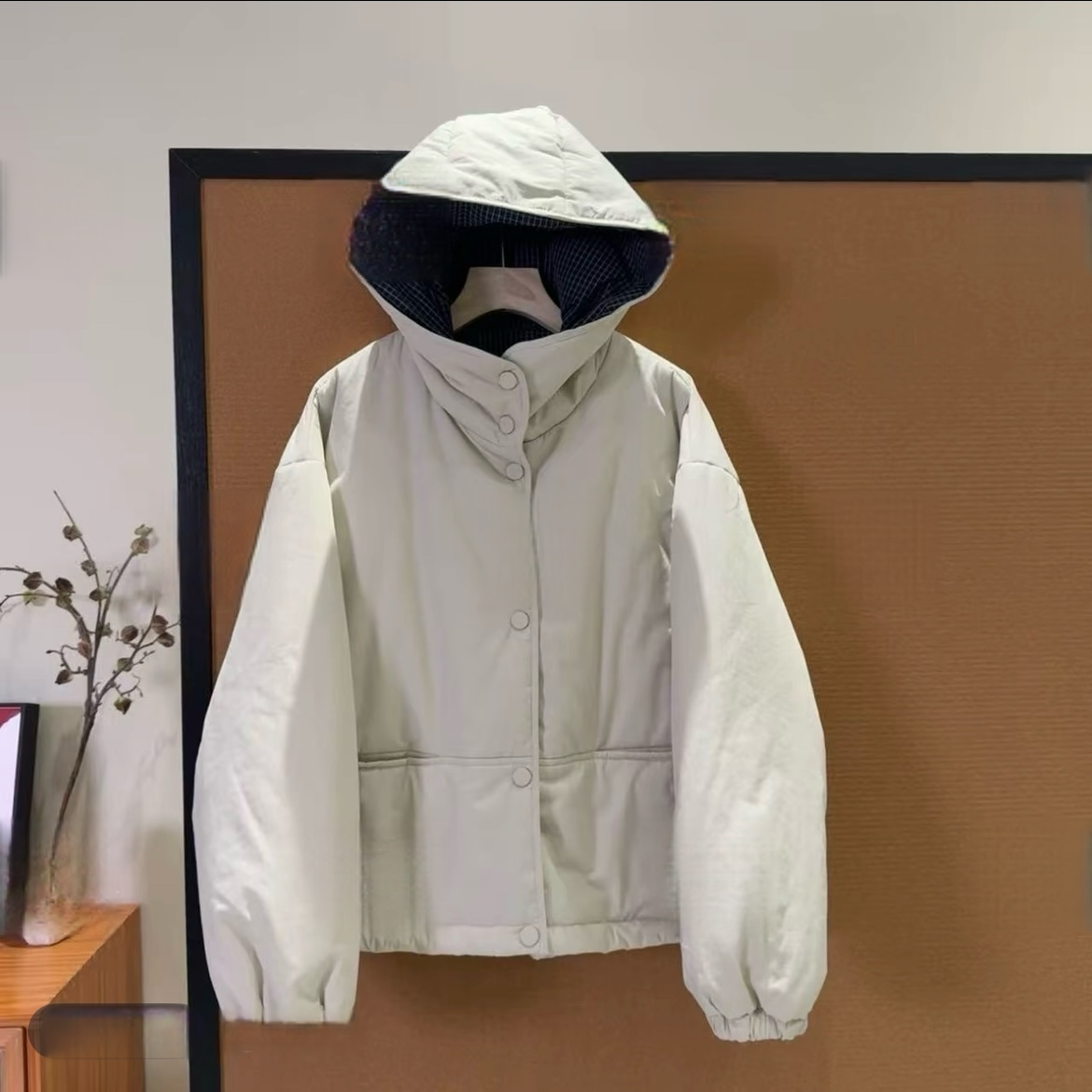 欧货格子拼接连帽棉衣外套女2025秋冬新款宽松保暖夹棉棉服上衣