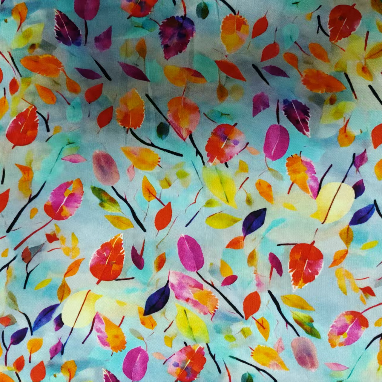 【棉绸.天蓝彩叶】新款棉绸面料（3米包邮）