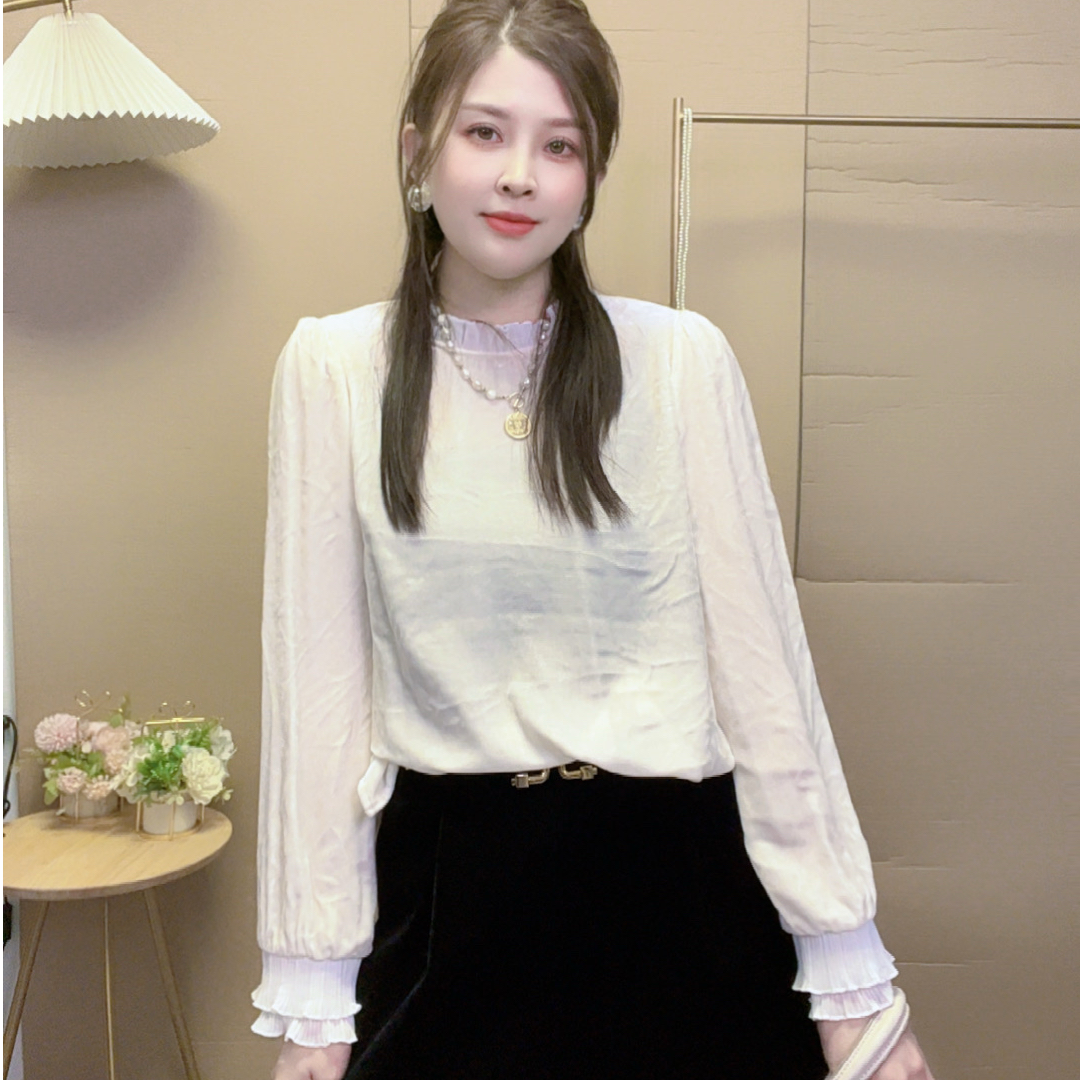 深圳南油慕慕 套头款女常规款拼接法式时尚气质百搭真丝丝绒上衣