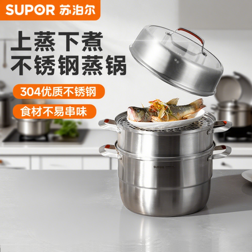 SUPOR/苏泊尔304不锈钢蒸锅煮锅家用大蒸笼3层蒸屉加厚大容量防滑