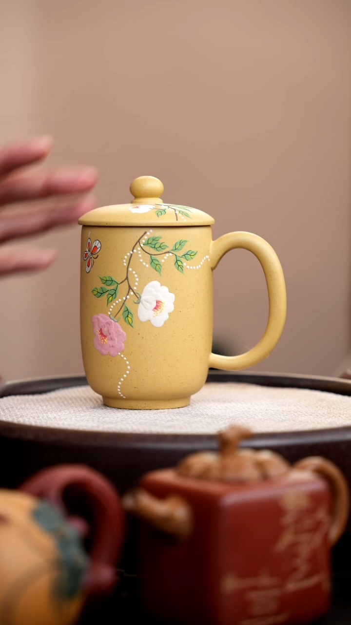 茶壶紫砂本山段高盖杯泥绘双色花