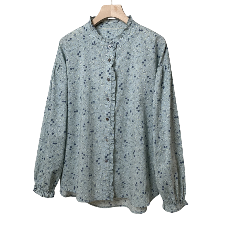 温婉甜美减龄木耳花边领上衣春款宽松百搭高级印花衬衫纯棉衬衣女