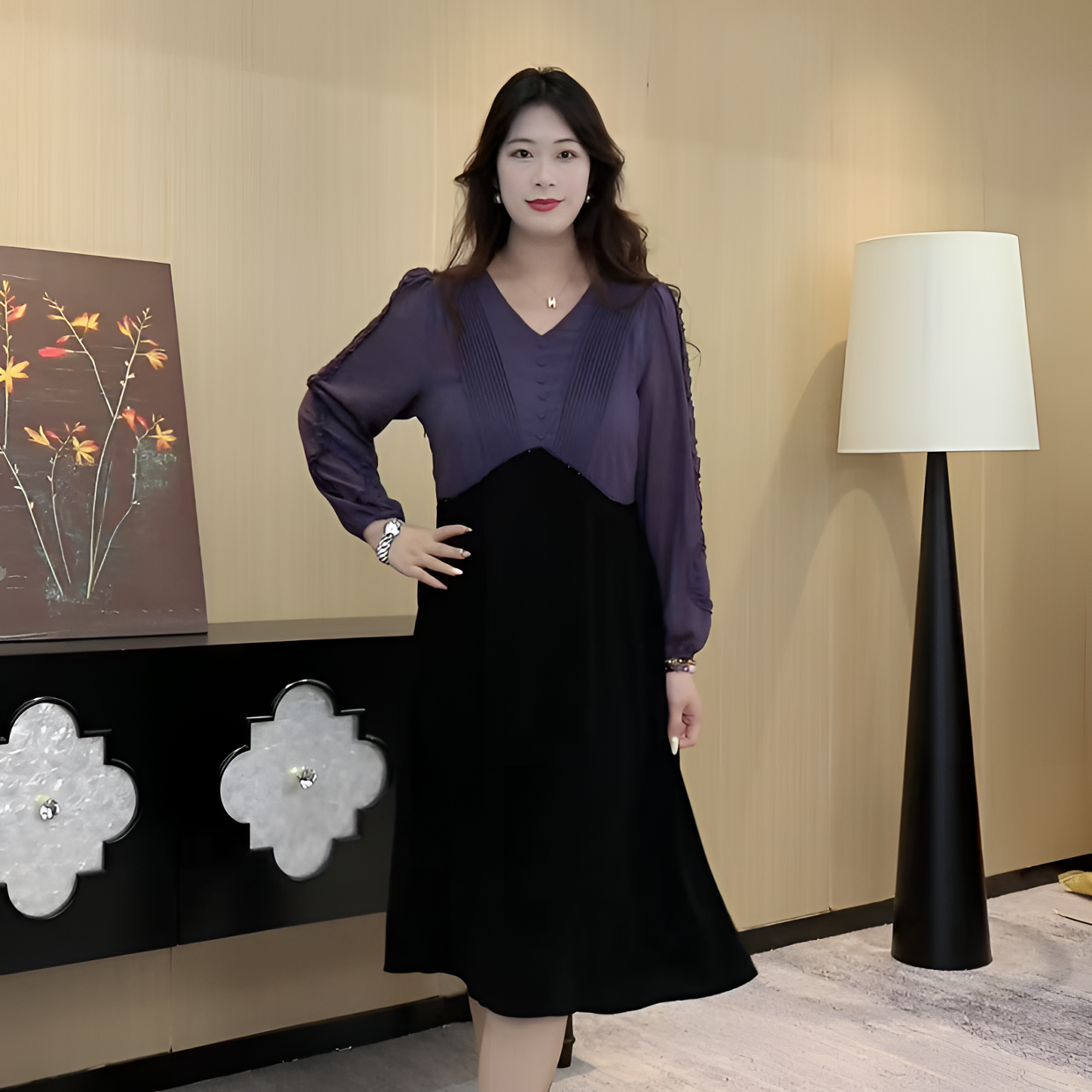 薇姐2025年秋季大码女装气质宽松假两件连衣裙紫色拼接裙子241117