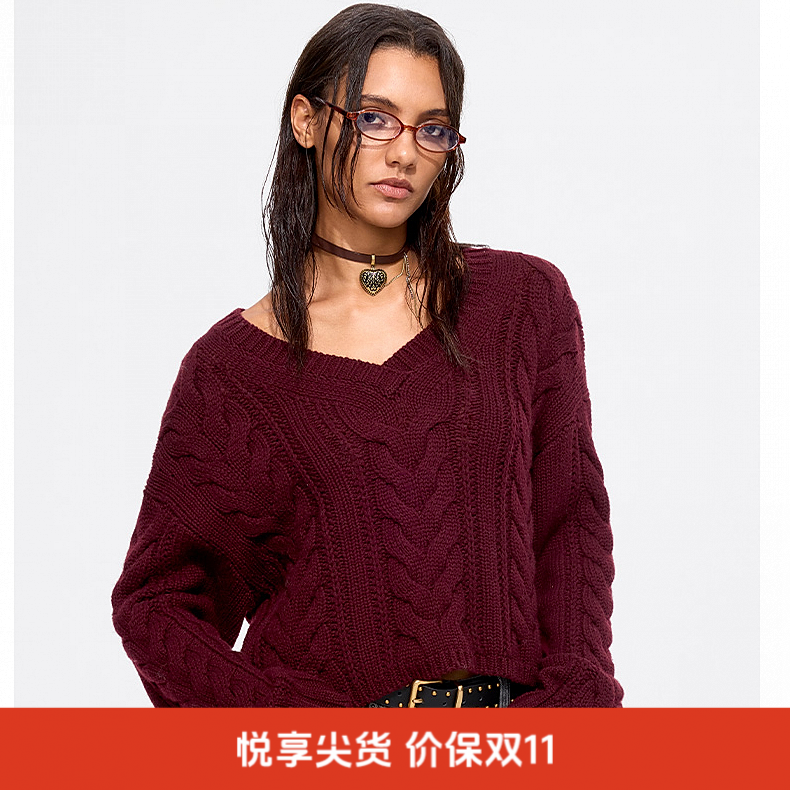 【商场同款新品】Miss Sixty2025秋绵羊毛绞花针织衫V领宽松短款