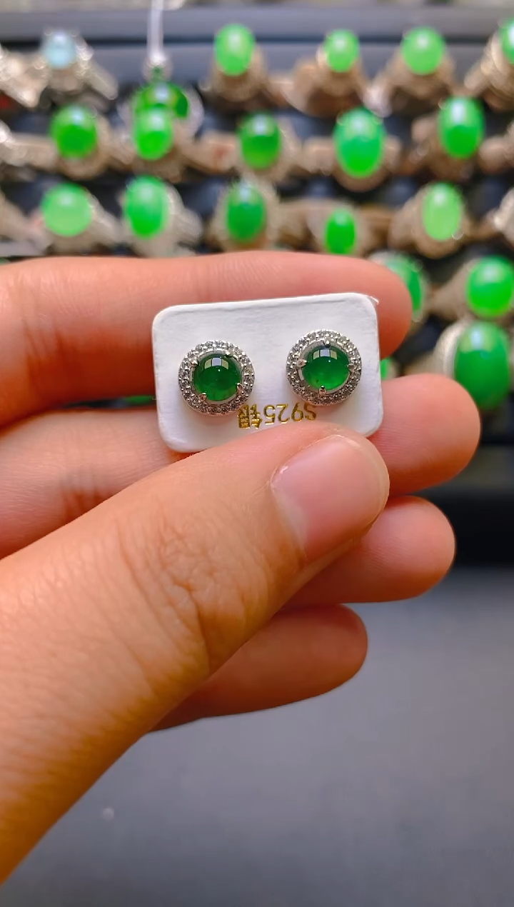 【闪购商品】翡翠耳饰银S925镶嵌天然A货翡翠1
