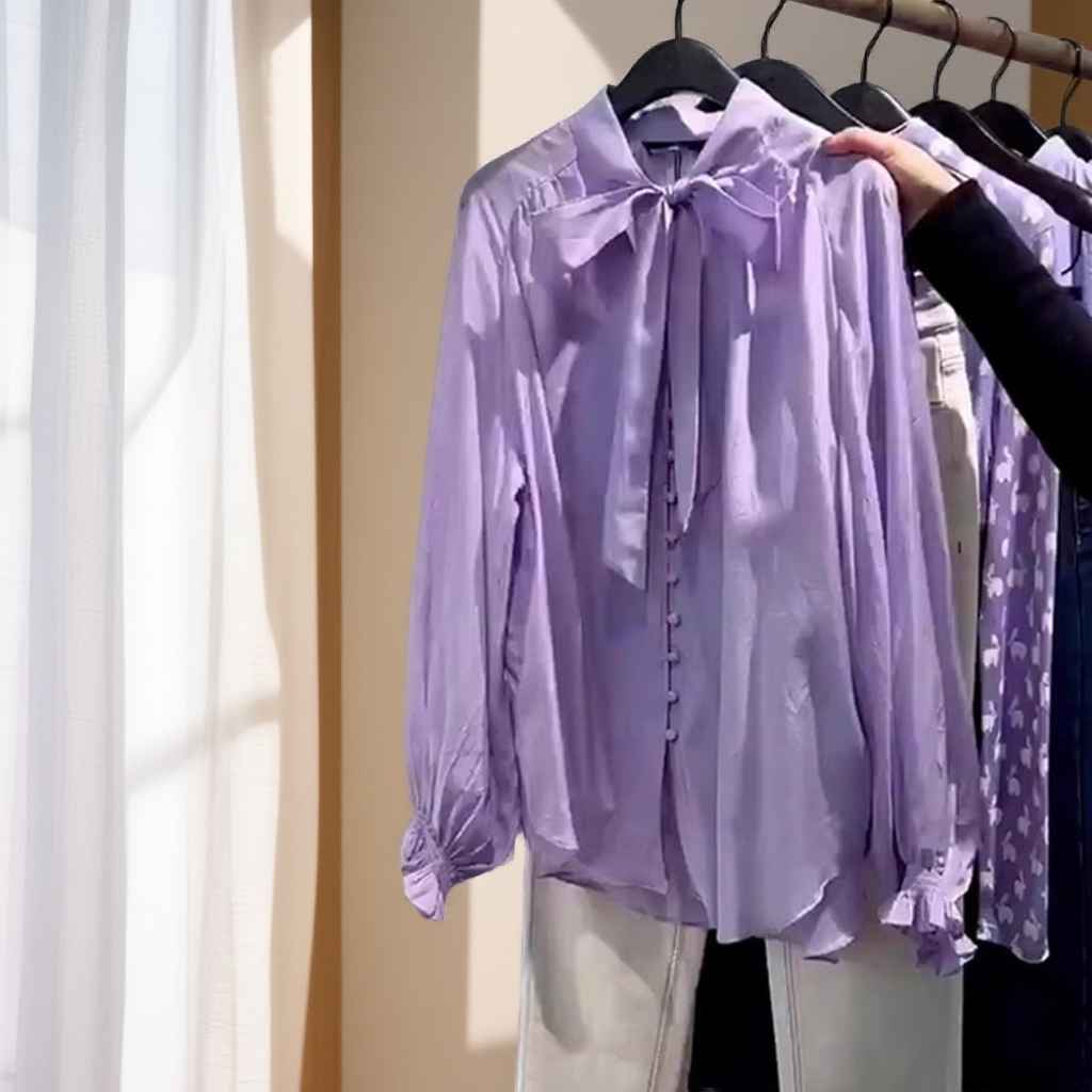 紫色时尚长袖秋季蝴蝶结褶皱春季蝴蝶衬衫衬衣纯色上衣百搭298