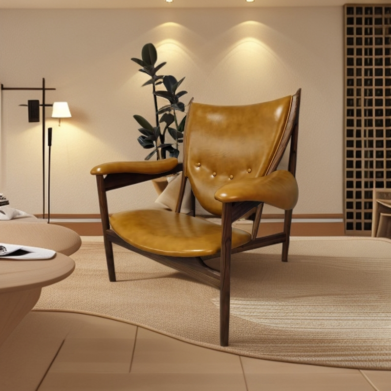 复古酋长椅原版油蜡皮白蜡木客厅阳台中古实木真皮单人休闲沙发椅