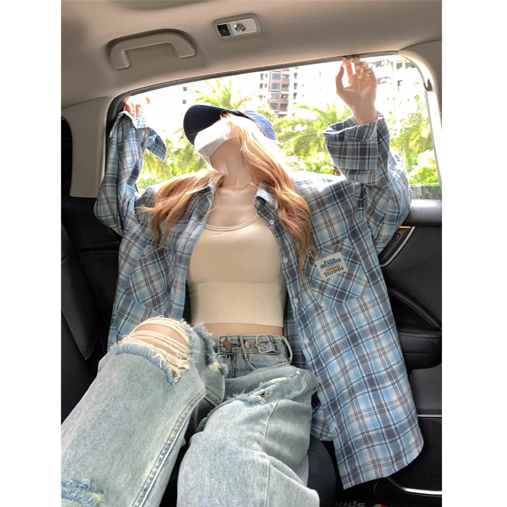 美式复古蓝色格子衬衫女秋设计感小众宽松慵懒开衫外套韩版休闲