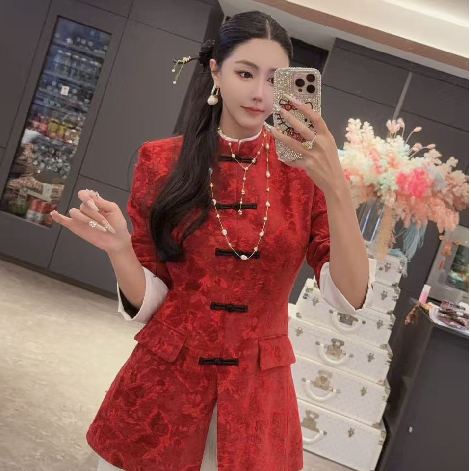 DIYI【富家千金】红色满身印花黑盘扣白袖中式上衣SY15001