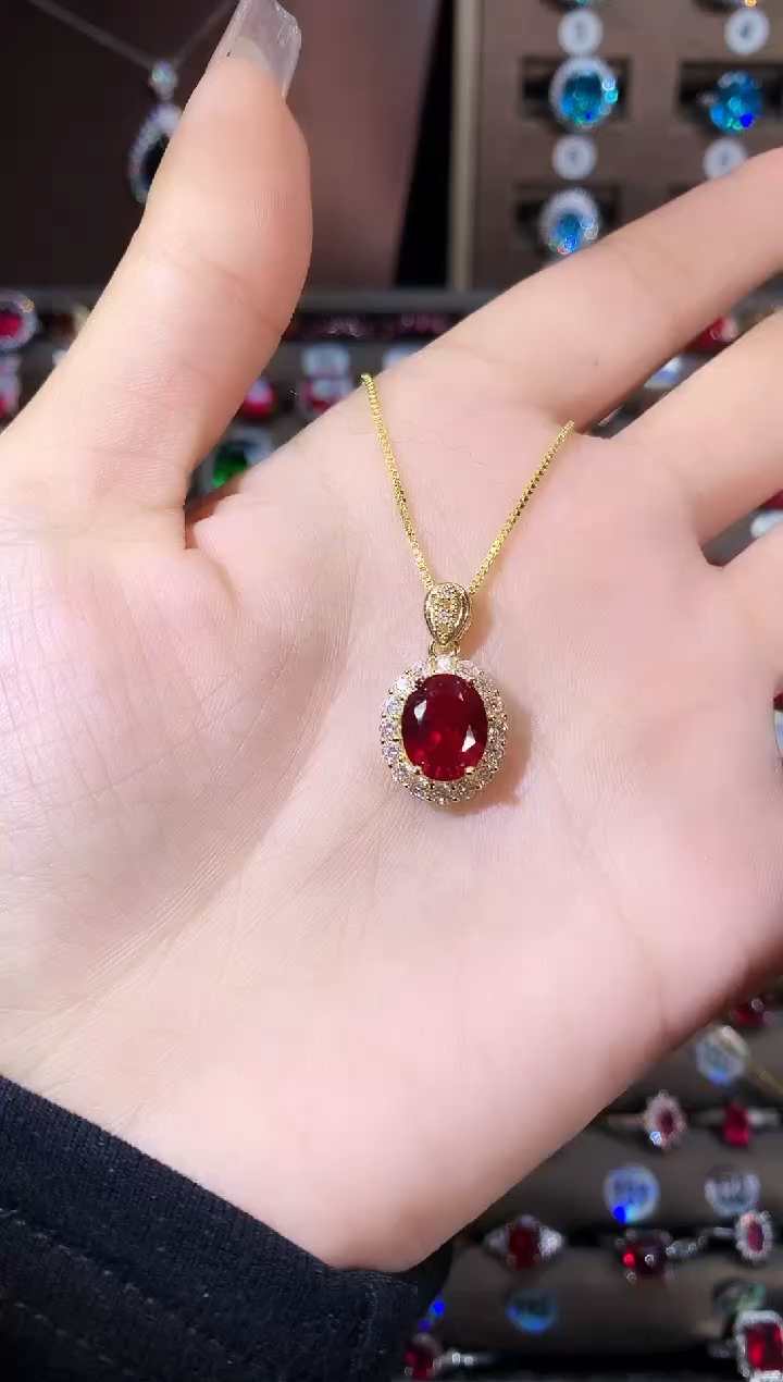 吊坠(赠链)银S925镶嵌红宝石金色810酒红