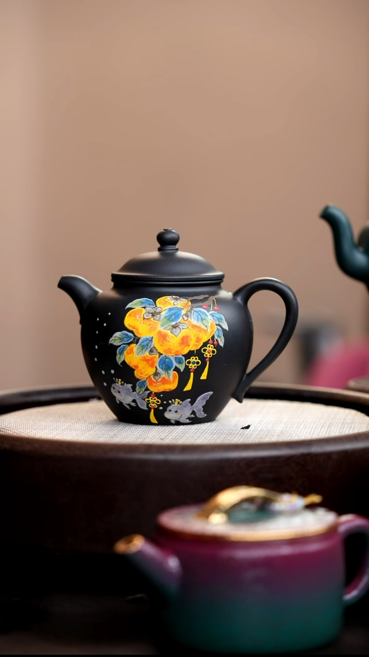 茶壶紫砂云雾天青秋水泥绘柿子