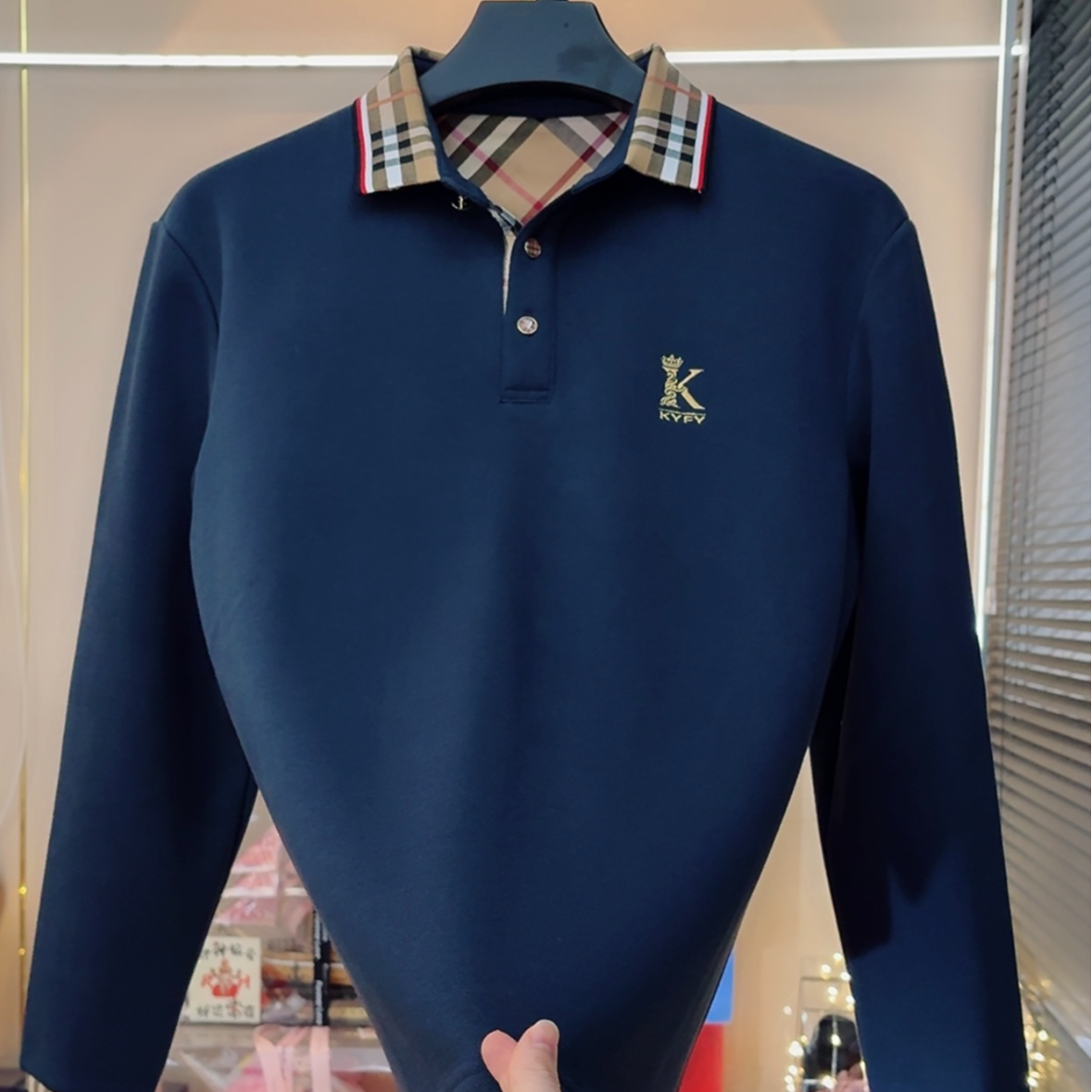 啊汉金标宝兰色加绒加厚秋冬款珠地棉高织高密长袖高级保暖Polo衫