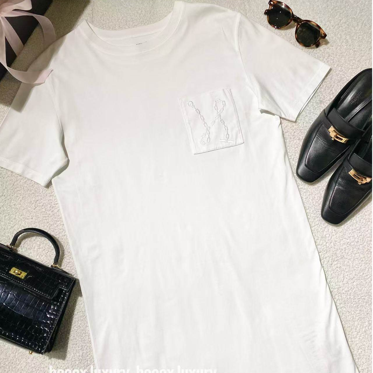 95新 Hermes/爱马仕 aa3799 刺绣链条口袋短袖连衣裙 38码 微污