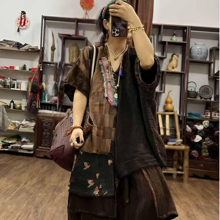 SX  8730  文艺复古个性风格亚麻拼接百搭衬衫（胸围180衣长80）