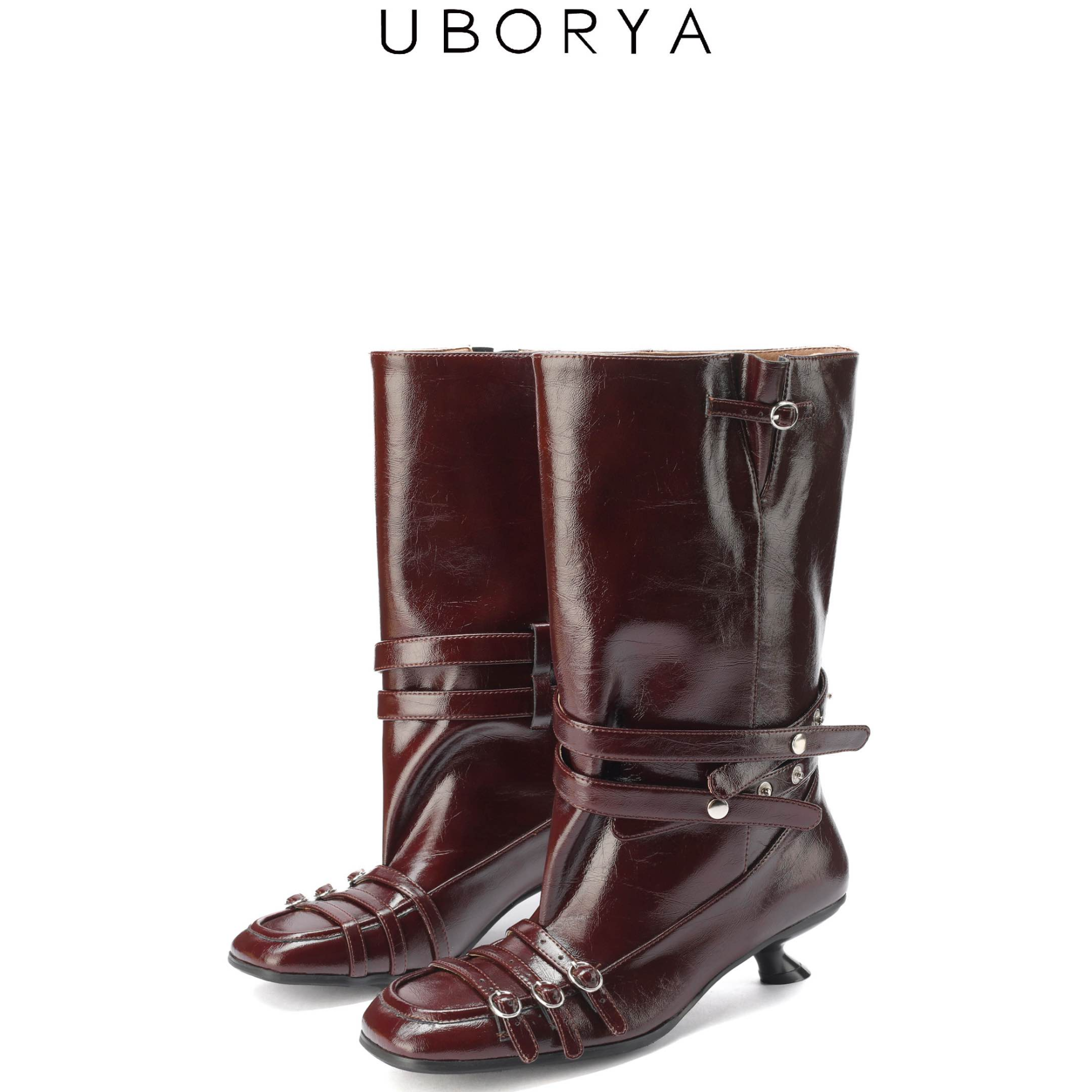 活动专属UBORYA原创设计师/真皮低跟舒适圆头棕红色百搭乐福阔筒