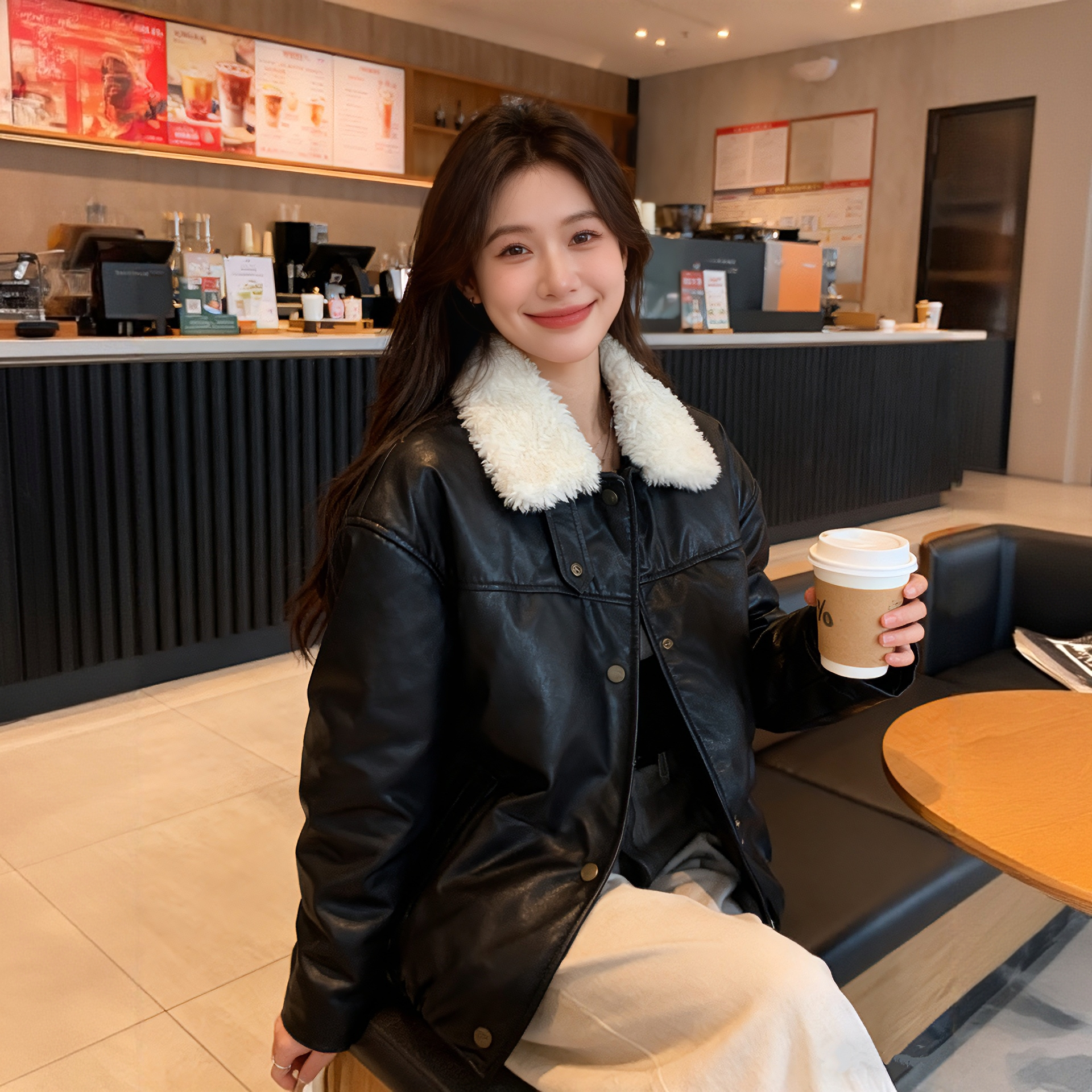 海宁皮草女款外套爆款2025新款短款机车夹克羊羔毛拼接鹅绒羽绒服