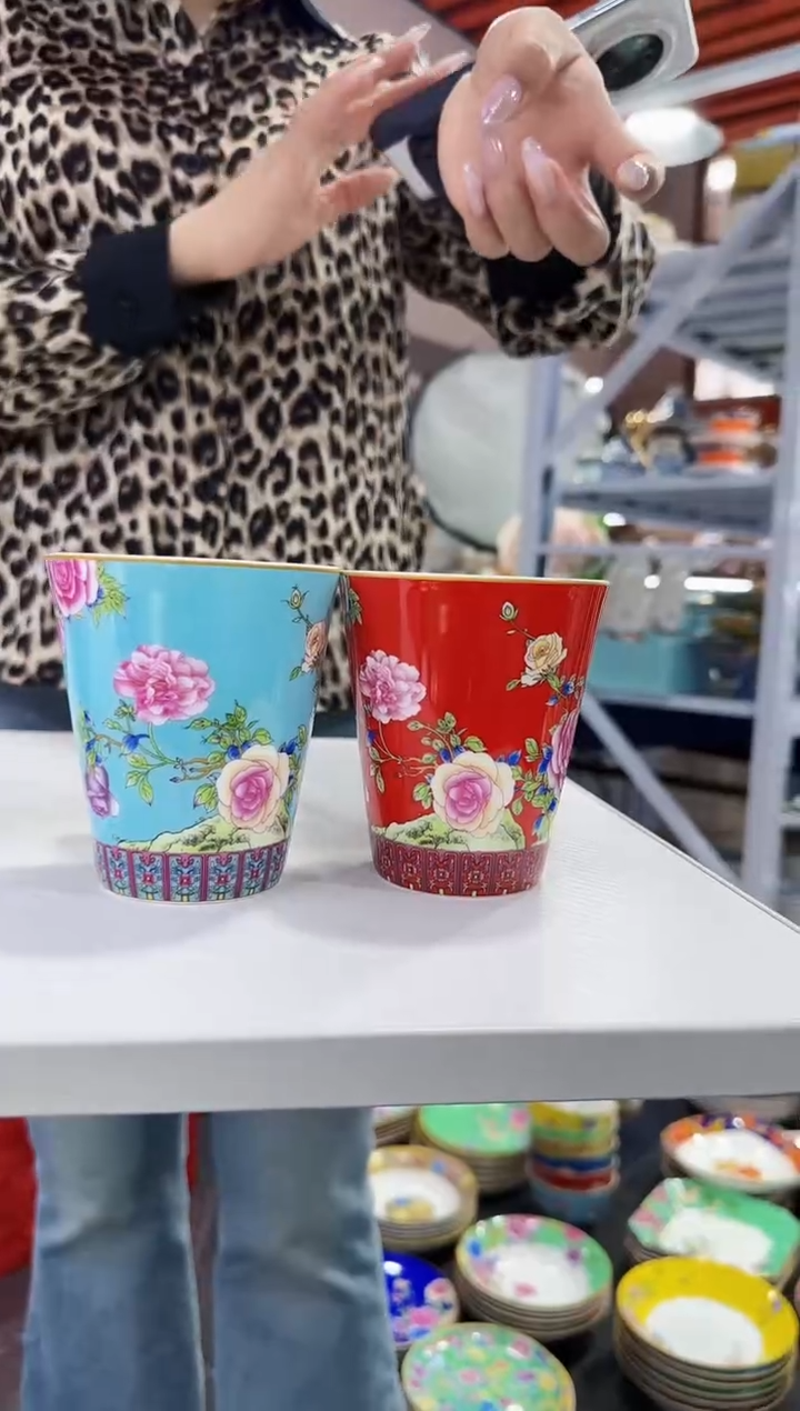 珐琅 牡丹花卉杯子2只装景德镇陶瓷