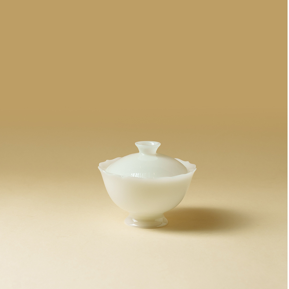 墨己璞玉冰种玉瓷花口二才盖碗文人茶器家用手抓泡茶碗带盖茶杯