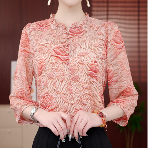 2025原版新款粉橘花海七分袖套头衬衫女气质休闲百搭女士减龄上衣