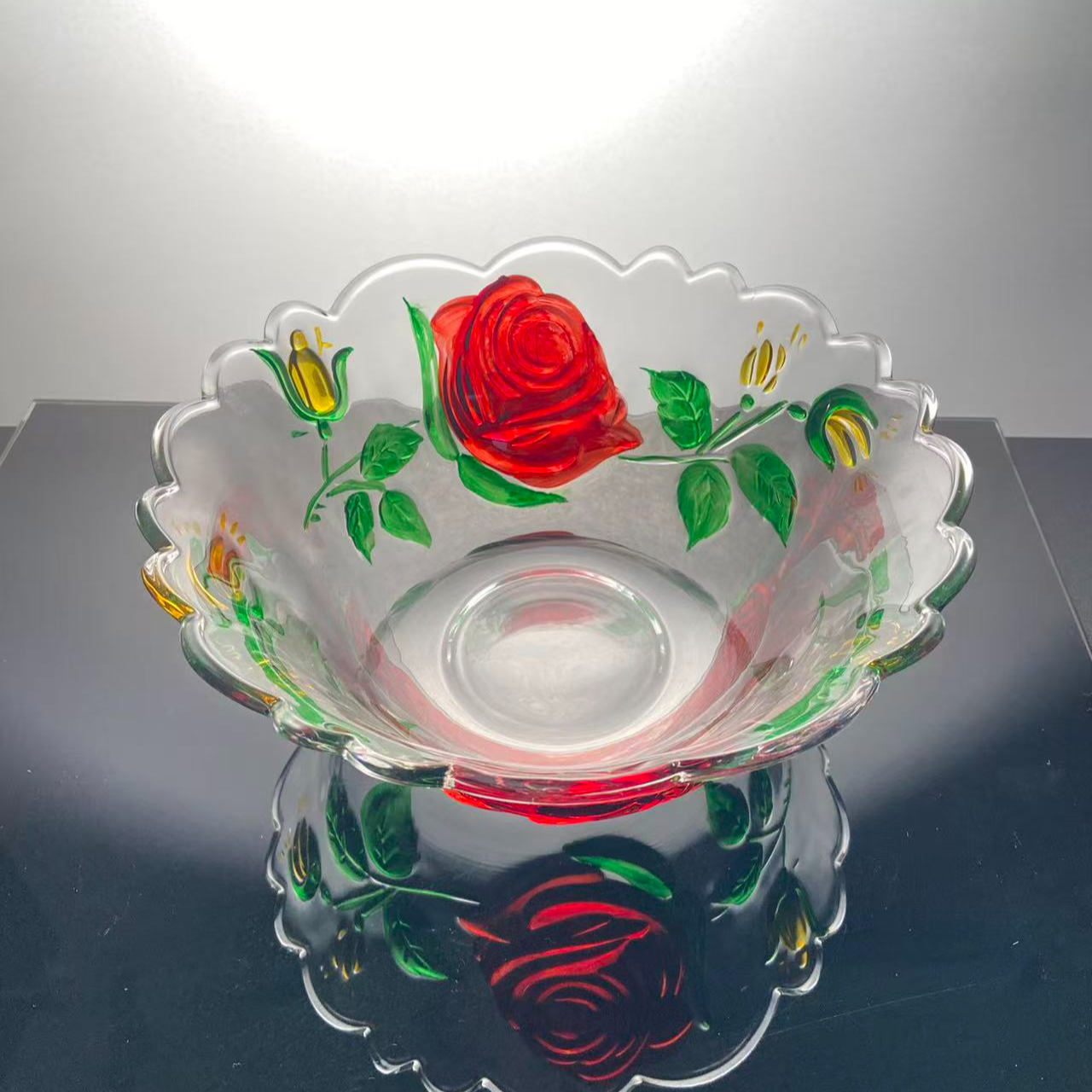 单只 轻奢彩绘小号玫瑰花边小碗水晶玻璃甜品碗 12.3CM
