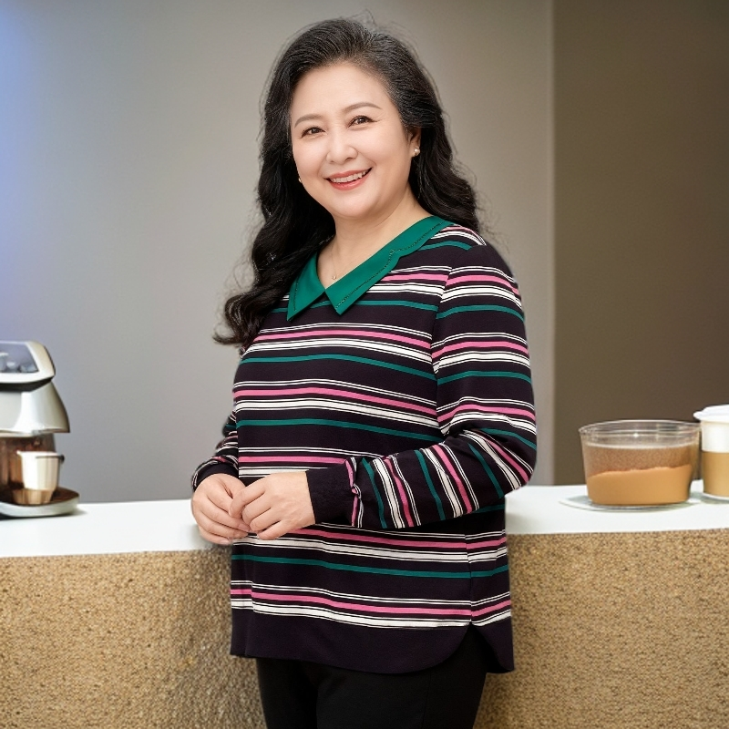 中老年女装秋季宽松条纹装针织透气面料妈妈装上衣娃娃领高级款