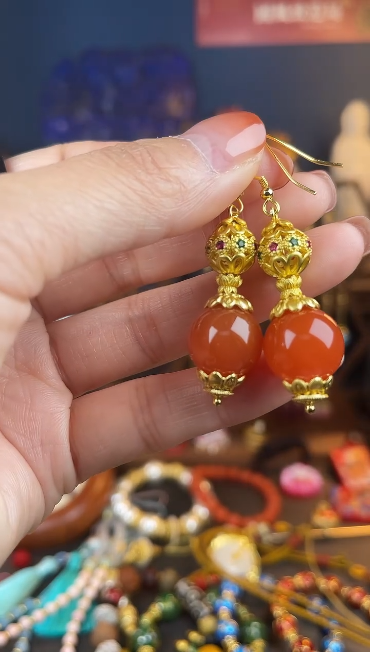 【闪购商品】南红玛瑙耳饰银S925镀金镶嵌玲珑九转南红耳钩