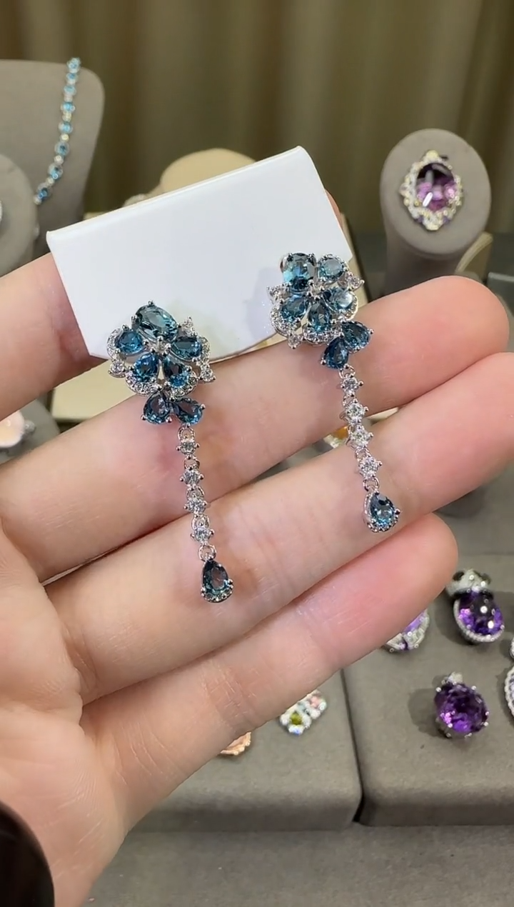 银S925镶嵌托帕石耳饰伦敦蓝耳坠高级款