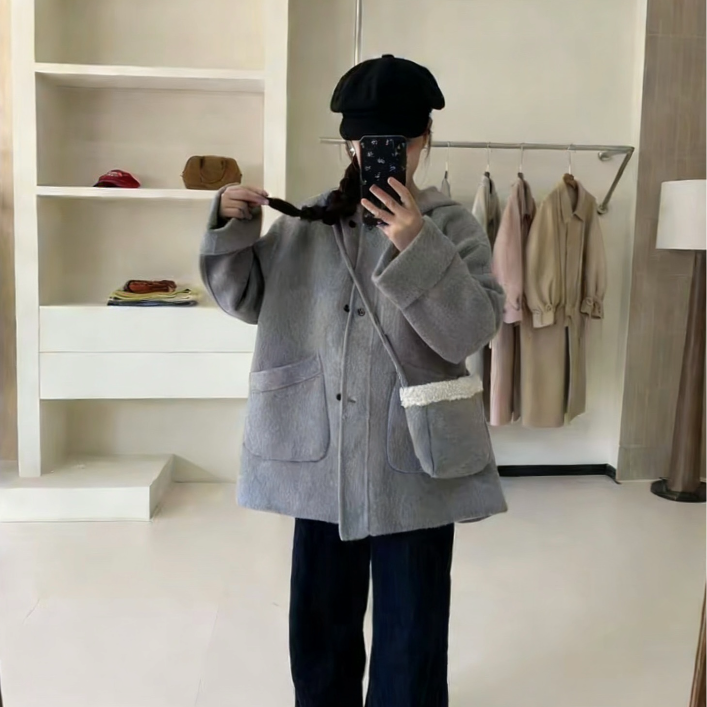 【绣也】冬季中长款羊毛大衣时尚斜跨包包外套1827