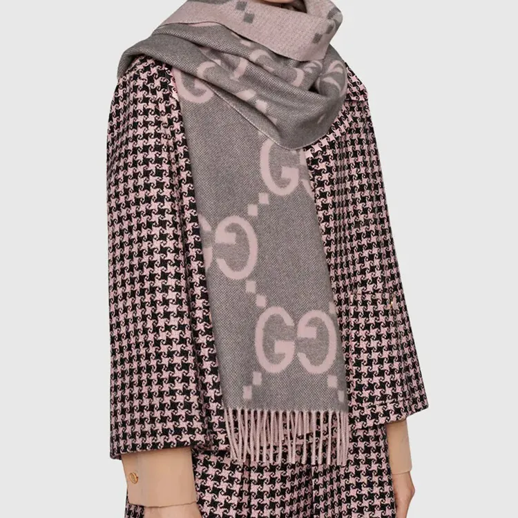 GUCCI古驰 双G提花流苏 山羊绒 绒线围巾 男女同款