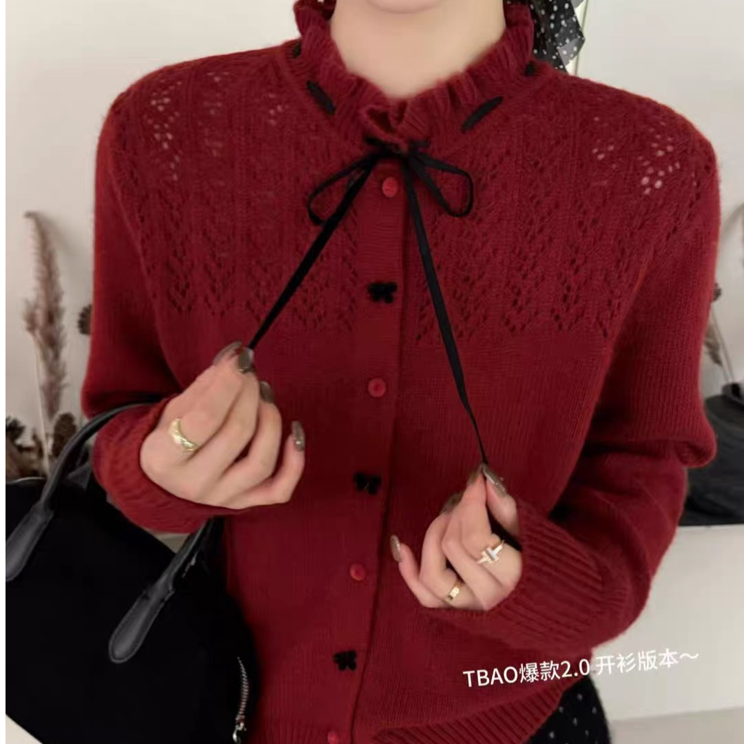 QIANRH-1681冬季木耳领提花镂空毛针织衫长袖上衣网红秋冬