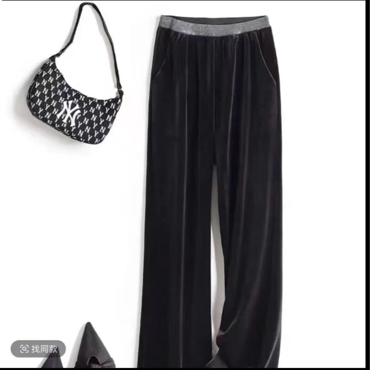 6029春秋丝绒百搭显瘦时尚高腰国风松紧腰黑色女直筒裤休闲阔腿