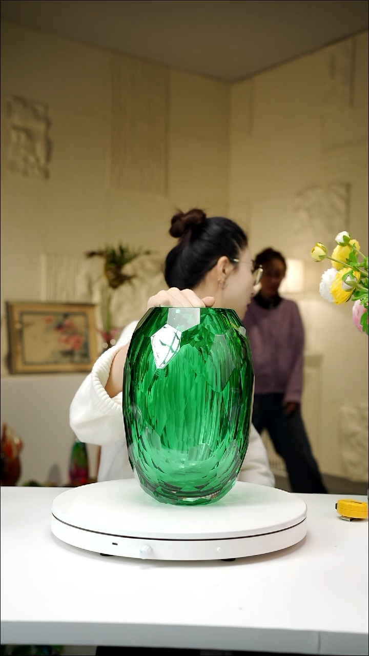 手工艺品琉璃欢***）湖水绿切面花瓶
