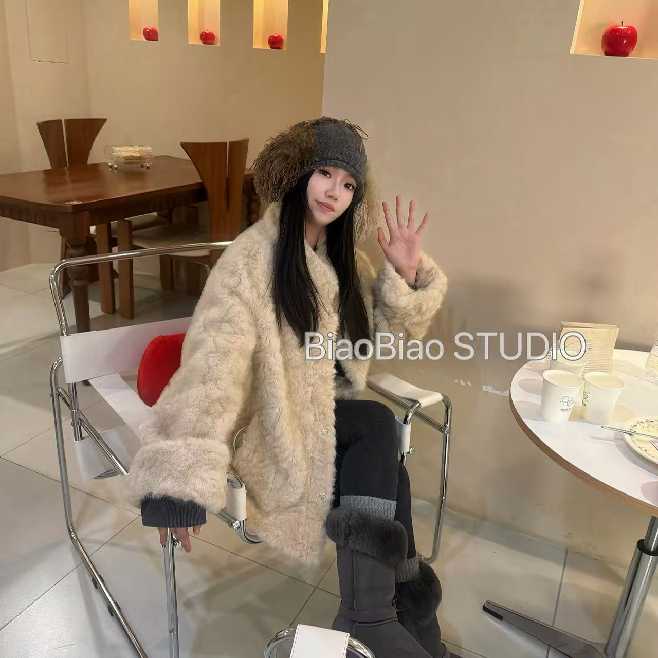 小胡羊挽袖双色毛貂绒毛毛外套时尚百搭气质女士宽松休闲冬季网红