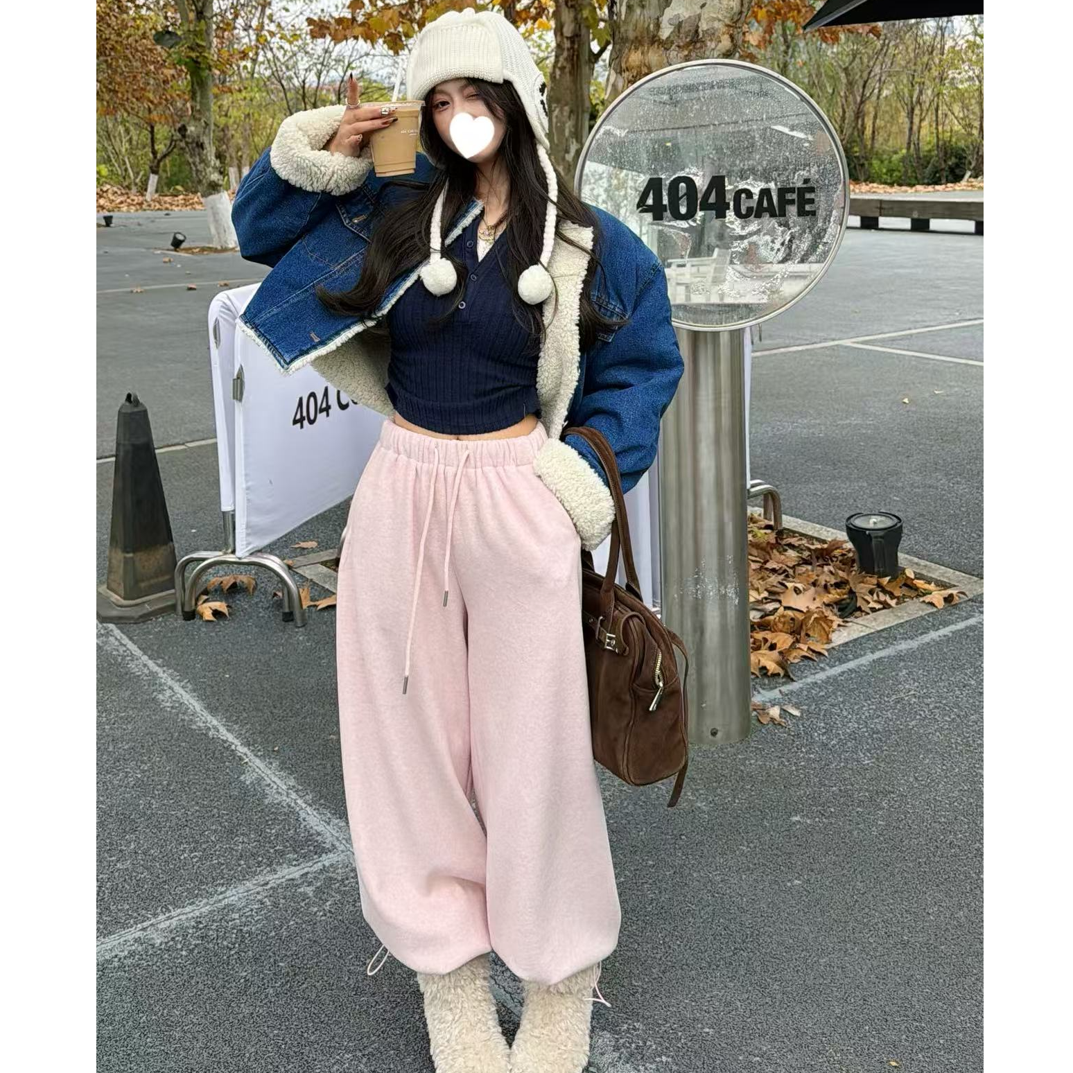 【YKL】街头暖炉 深蓝蕾丝拼接假两件粉色可收口卫裤牛仔圆领毛外套