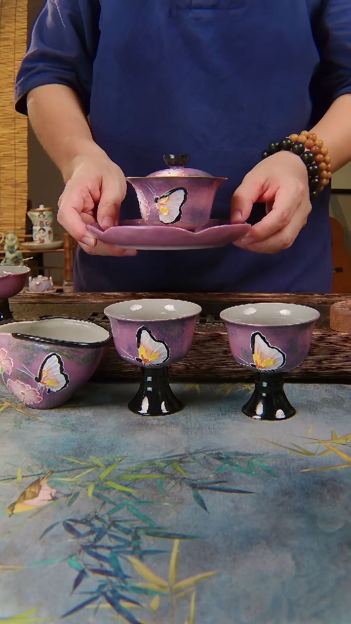 亘古茶具柴烧精品@手绘蝶恋花5件套