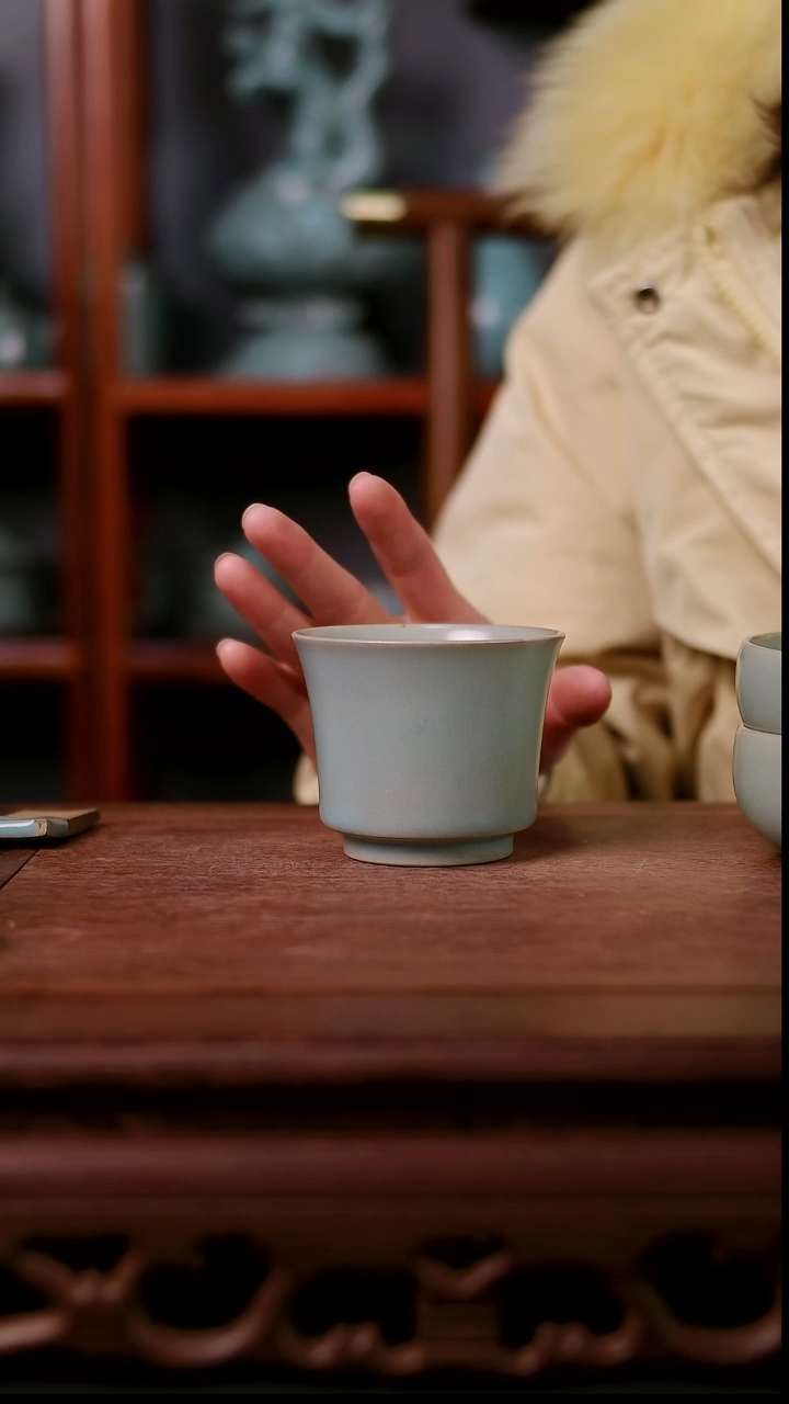 杯子陶 青霁汝窑仿古釉   马蹄杯微瑕