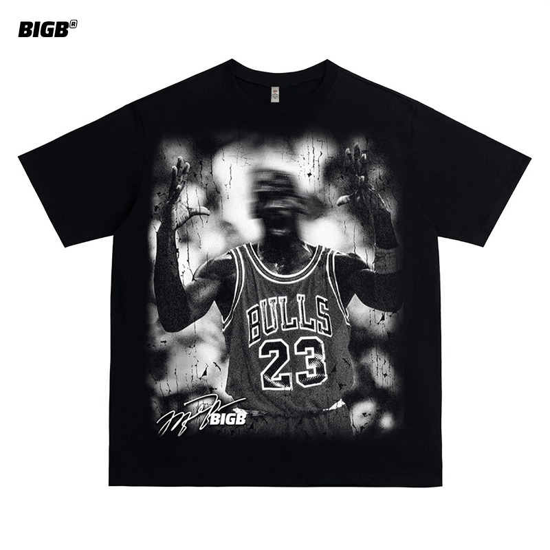 BIGB模糊MJ美式球星复古夏季做旧嘻哈男女同款纯棉短袖t恤球星