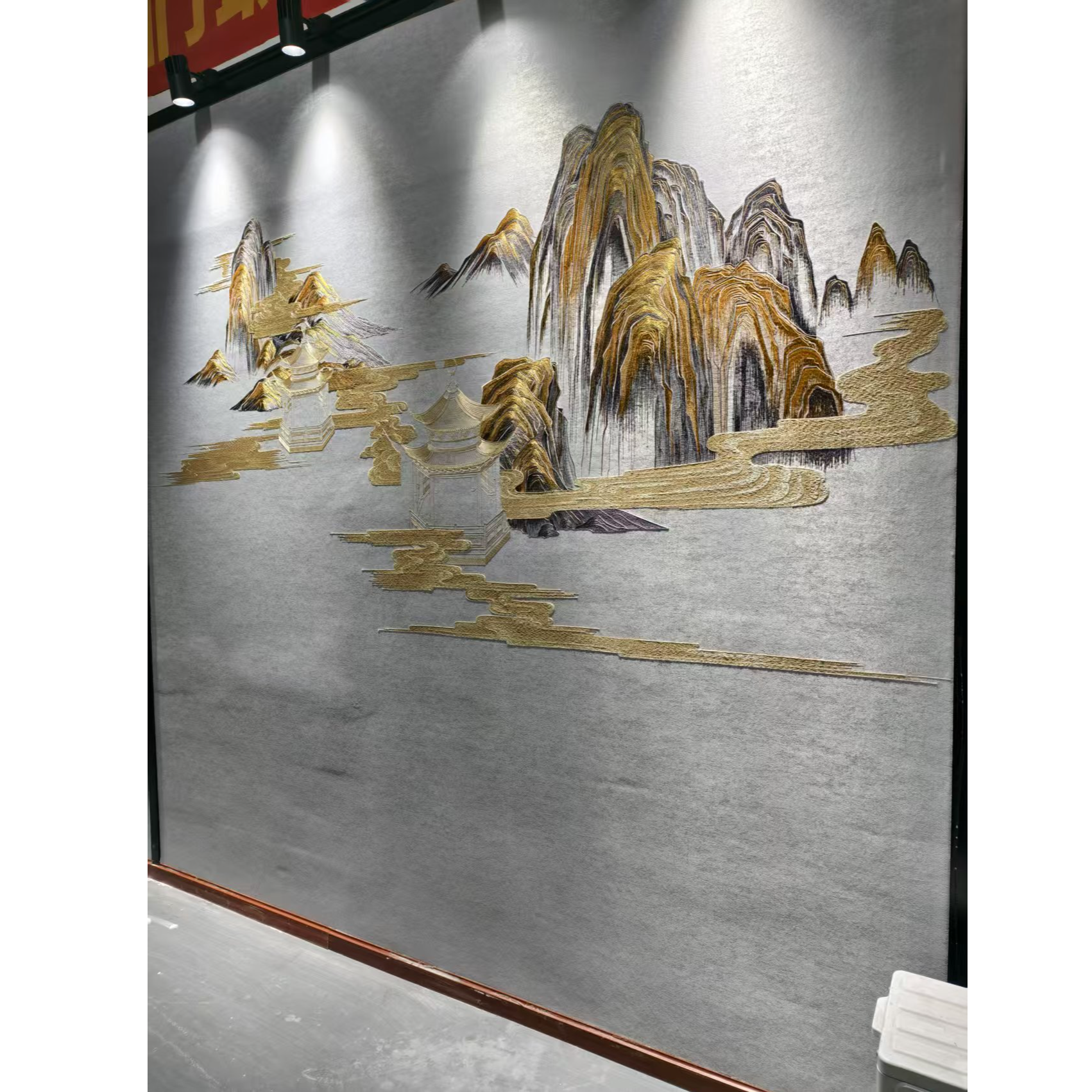 客厅中式风格刺绣墙布云山亭壁画彩金升级款刺绣背景墙尺寸可定制