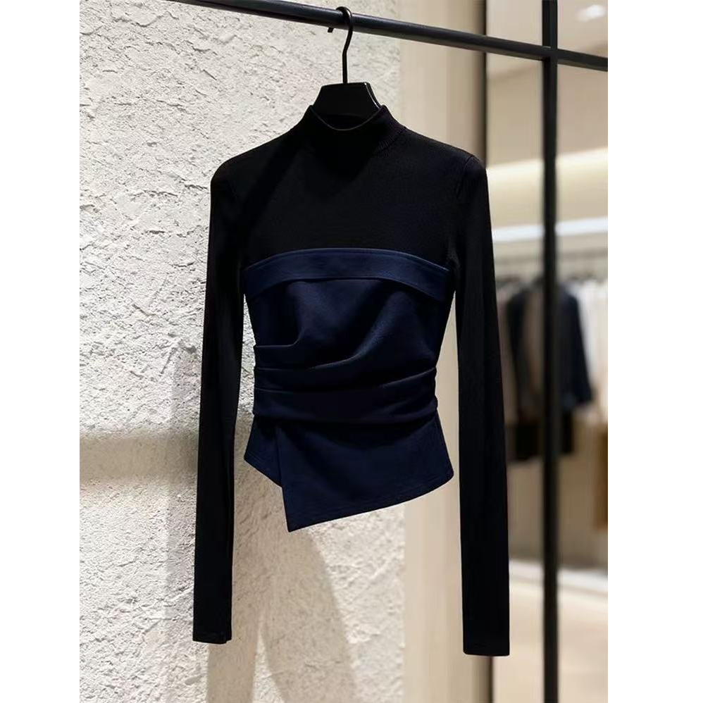 韩系小众不撞款上衣内搭打底衫黑色拼接半高领褶皱长袖t恤女秋冬