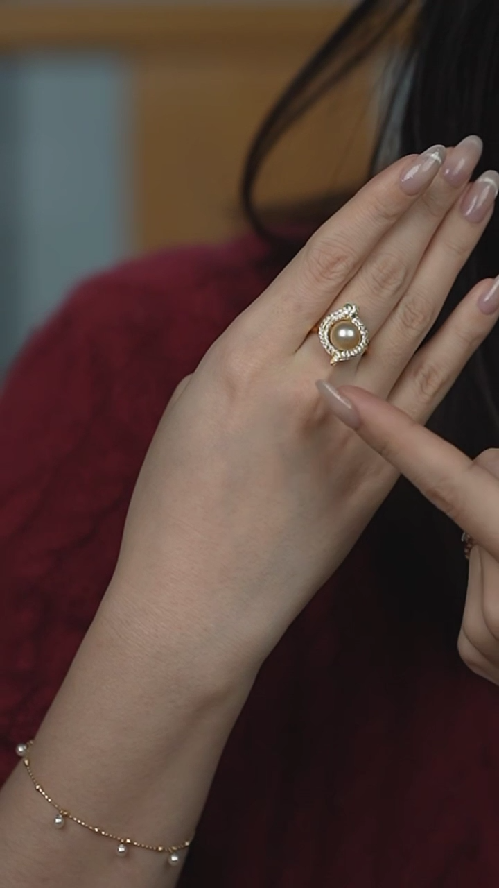 【闪购商品】海水珍珠戒圈银S925镶嵌金珠小蛇戒指