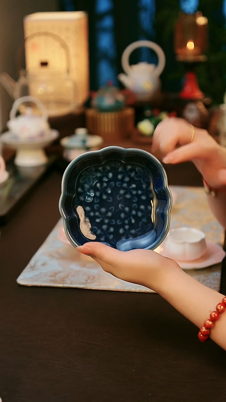 青云茶斋陶瓷茶具高足果碟盘蓝色