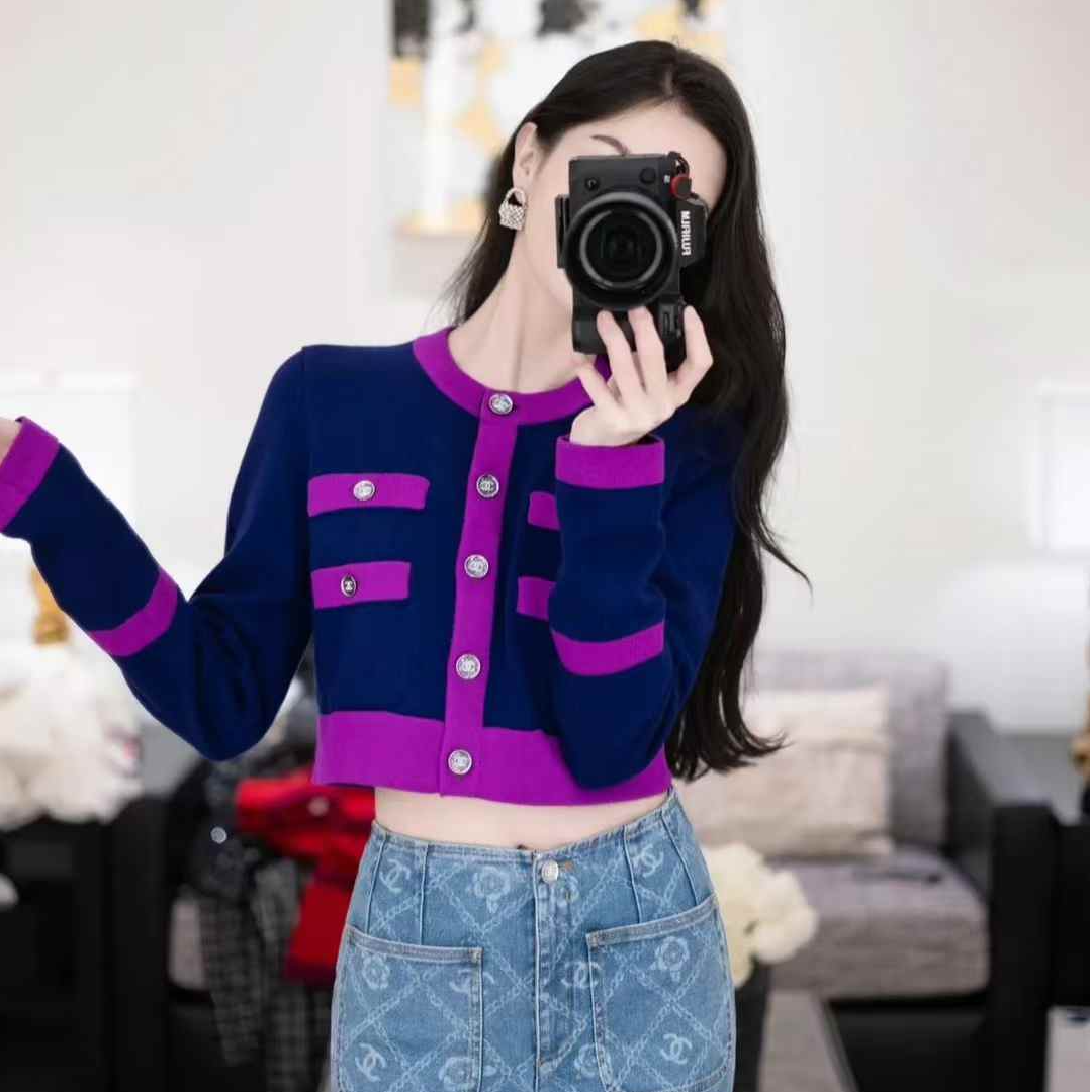 99新 Chanel/香奈儿 36码23B蓝色拼紫色圆领长袖短款开衫