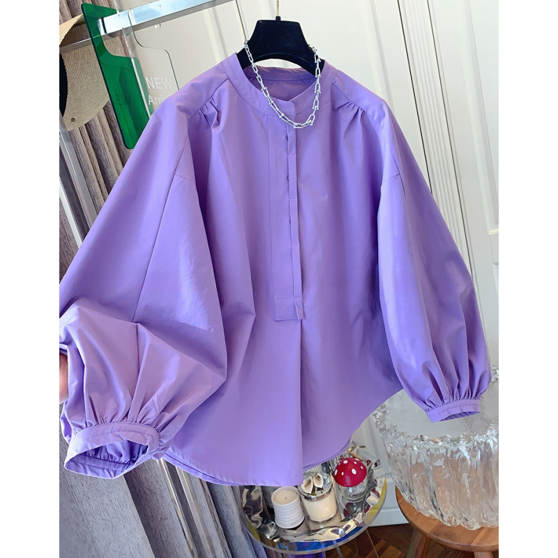 7869独特超好看气质法式灯笼袖圆领衬衫宽松休闲上衣女装春装新款