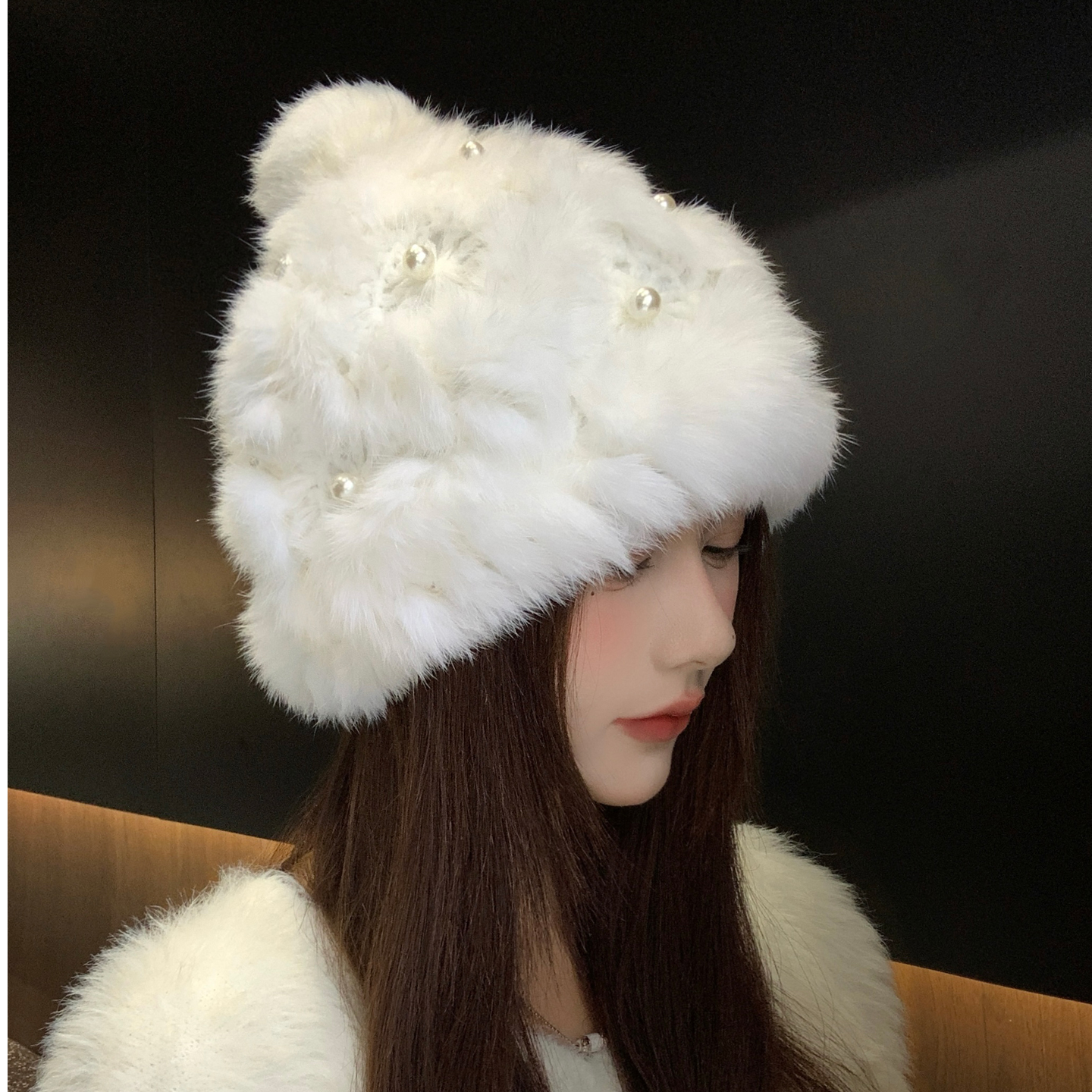兔毛针织帽女秋冬季大头围皮草毛绒帽毛茸茸保暖护耳显脸小毛线帽