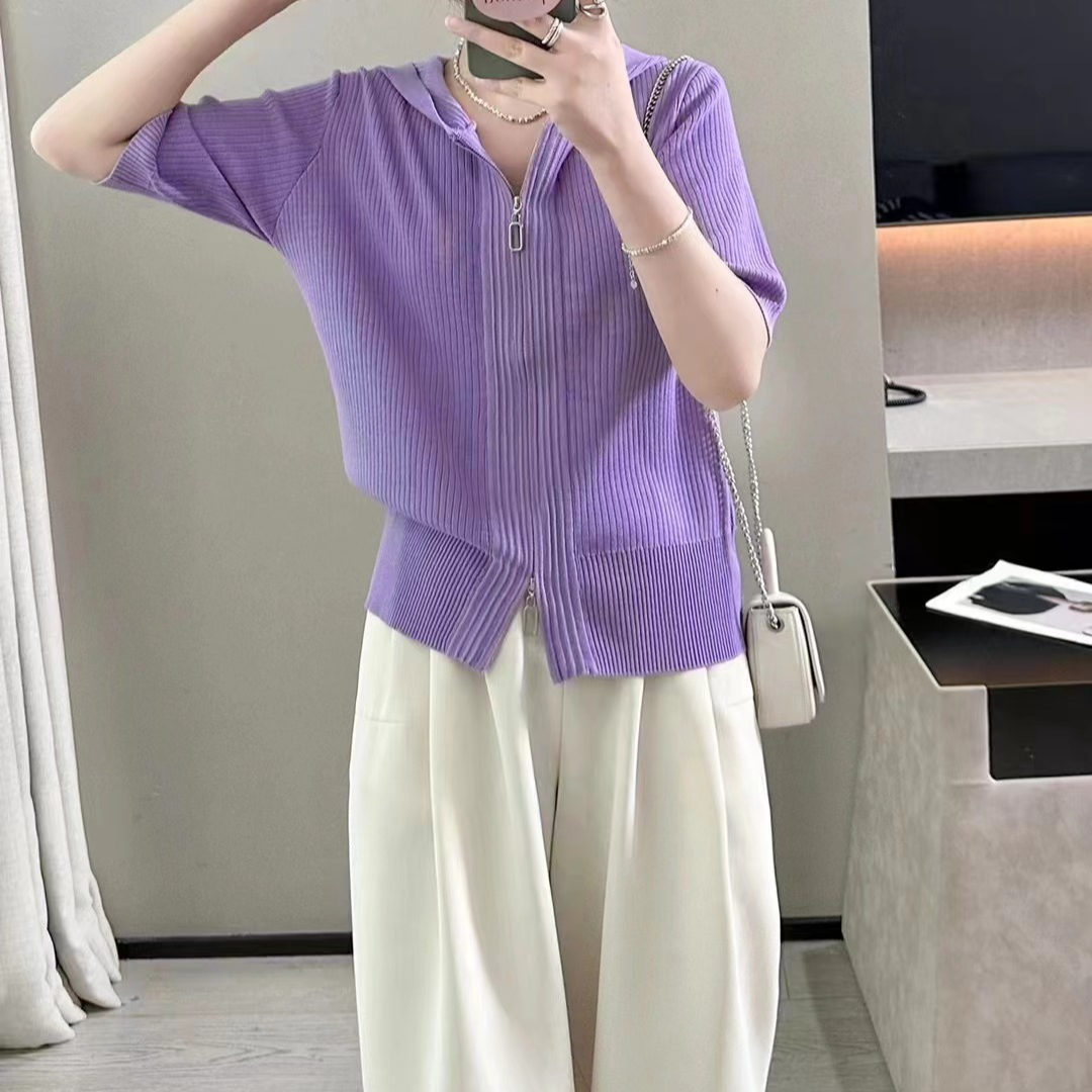 纯色短袖双拉链时尚连帽针织衫 C4456